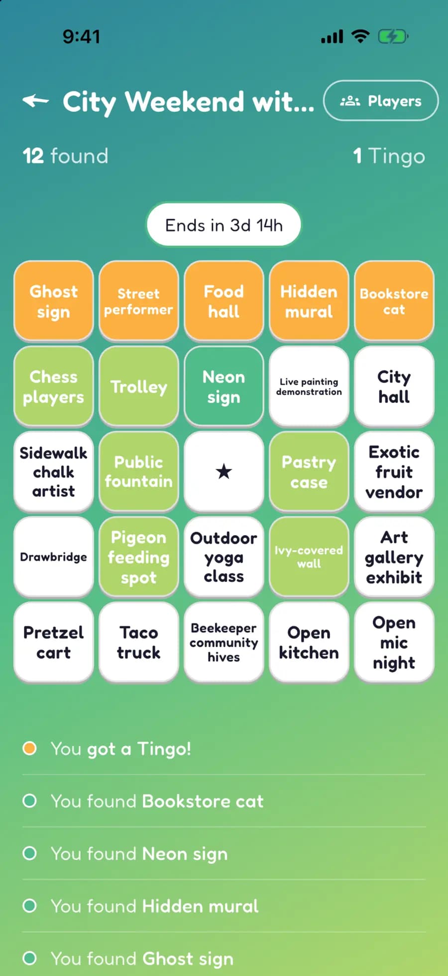 A Let's Tingo board on a phone with city finds marked, one row highlighted as a completed Tingo.