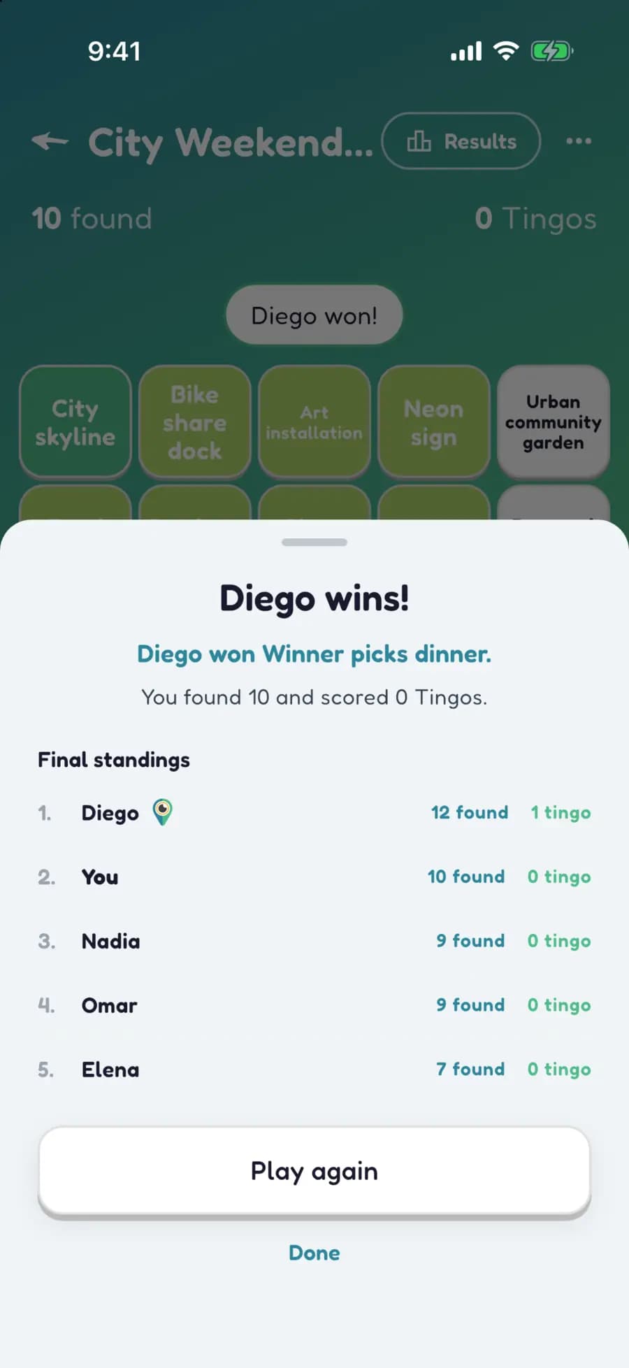 Let's Tingo's results screen announcing the winner of a city game and their prize.