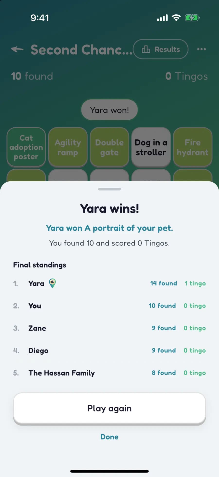 Let's Tingo's results screen announcing the winner of a shelter fundraiser game and their prize.