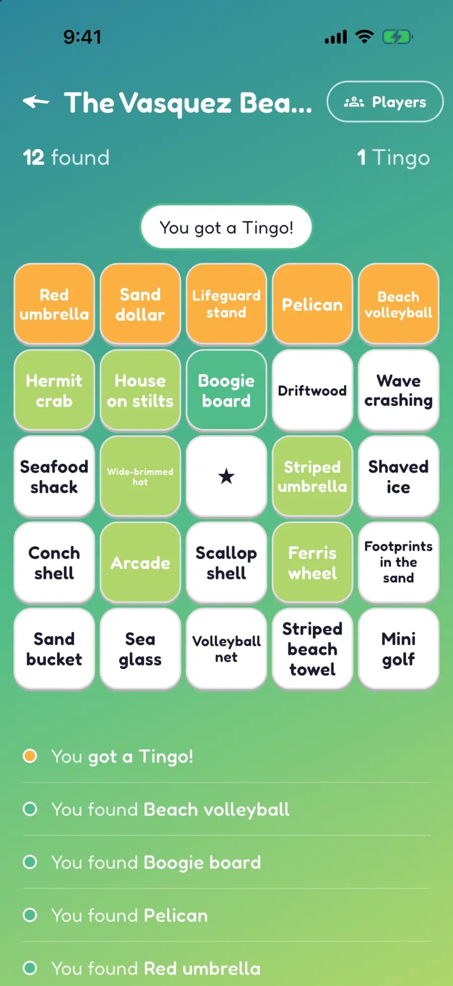 A Let's Tingo board on a phone with beach finds marked, one row highlighted as a completed Tingo.
