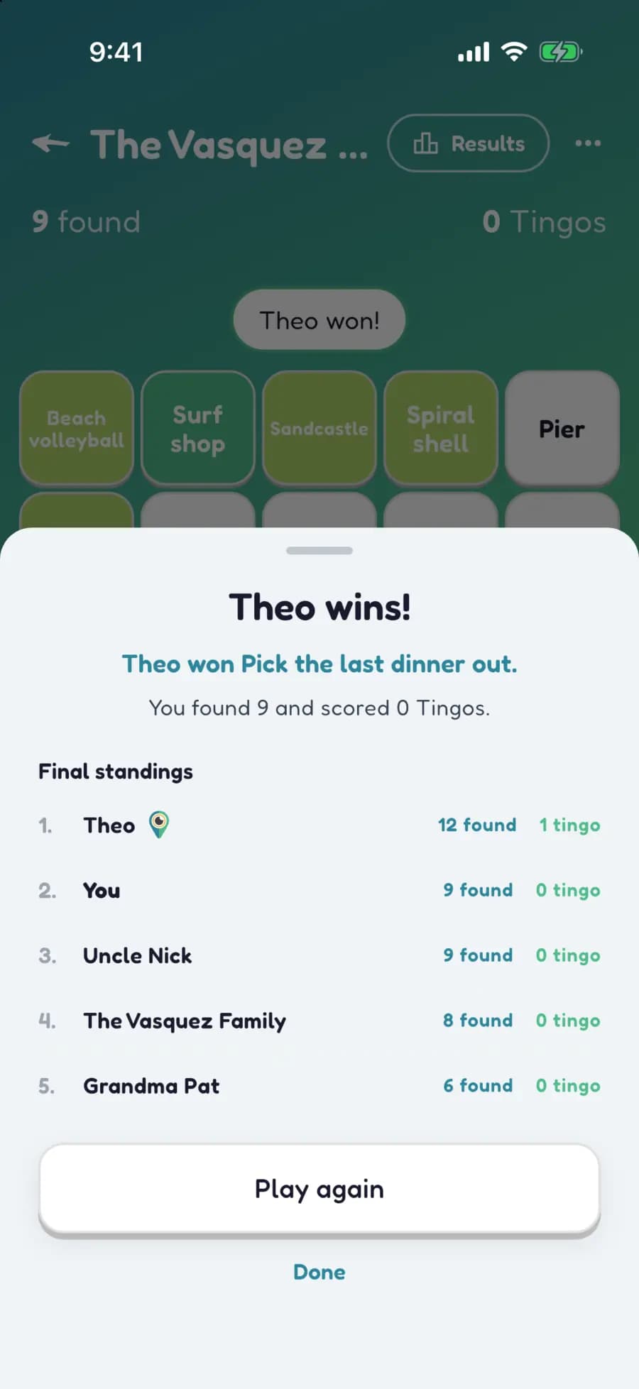 Let's Tingo's results screen announcing the winner of a beach game and their prize.