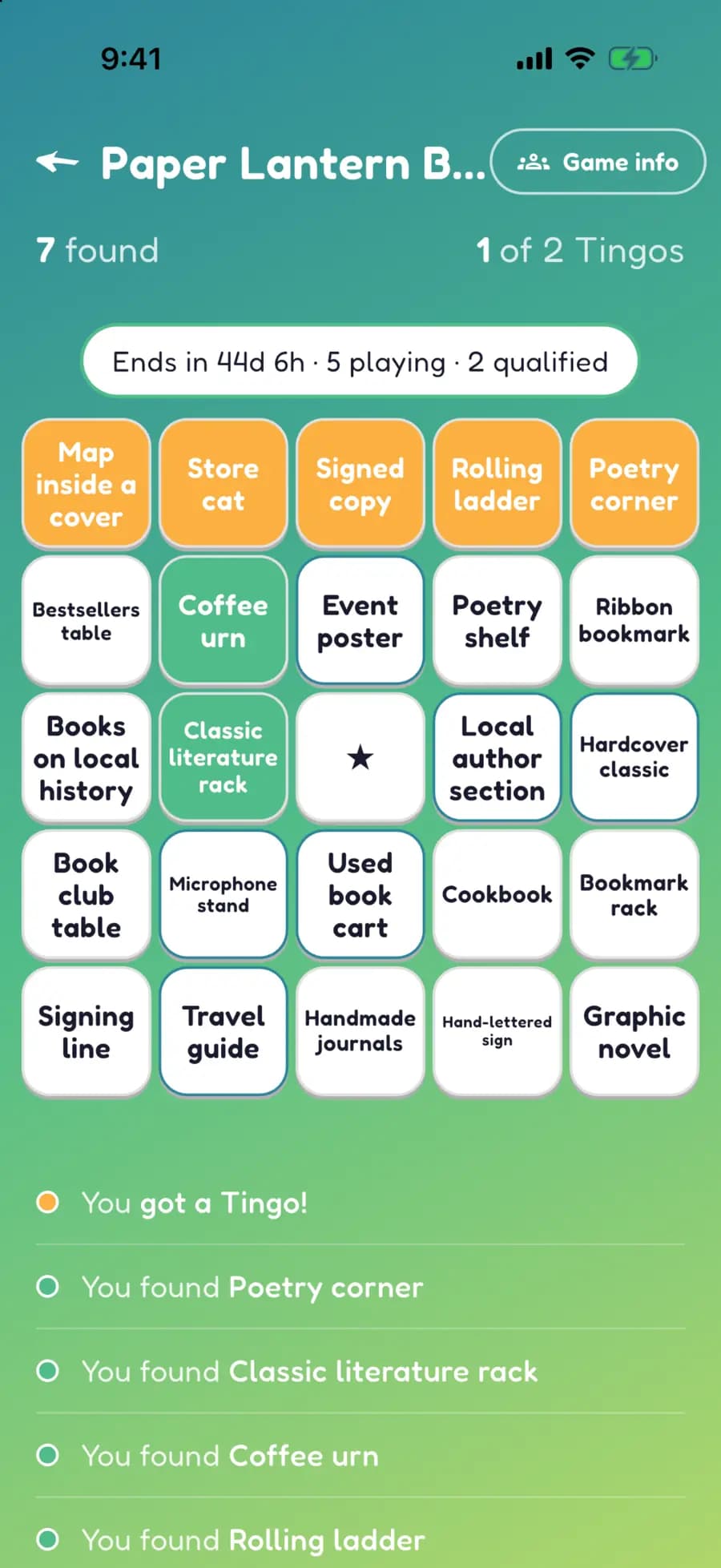 A Let's Tingo board on a phone with bookstore finds marked, one row highlighted as a completed Tingo.
