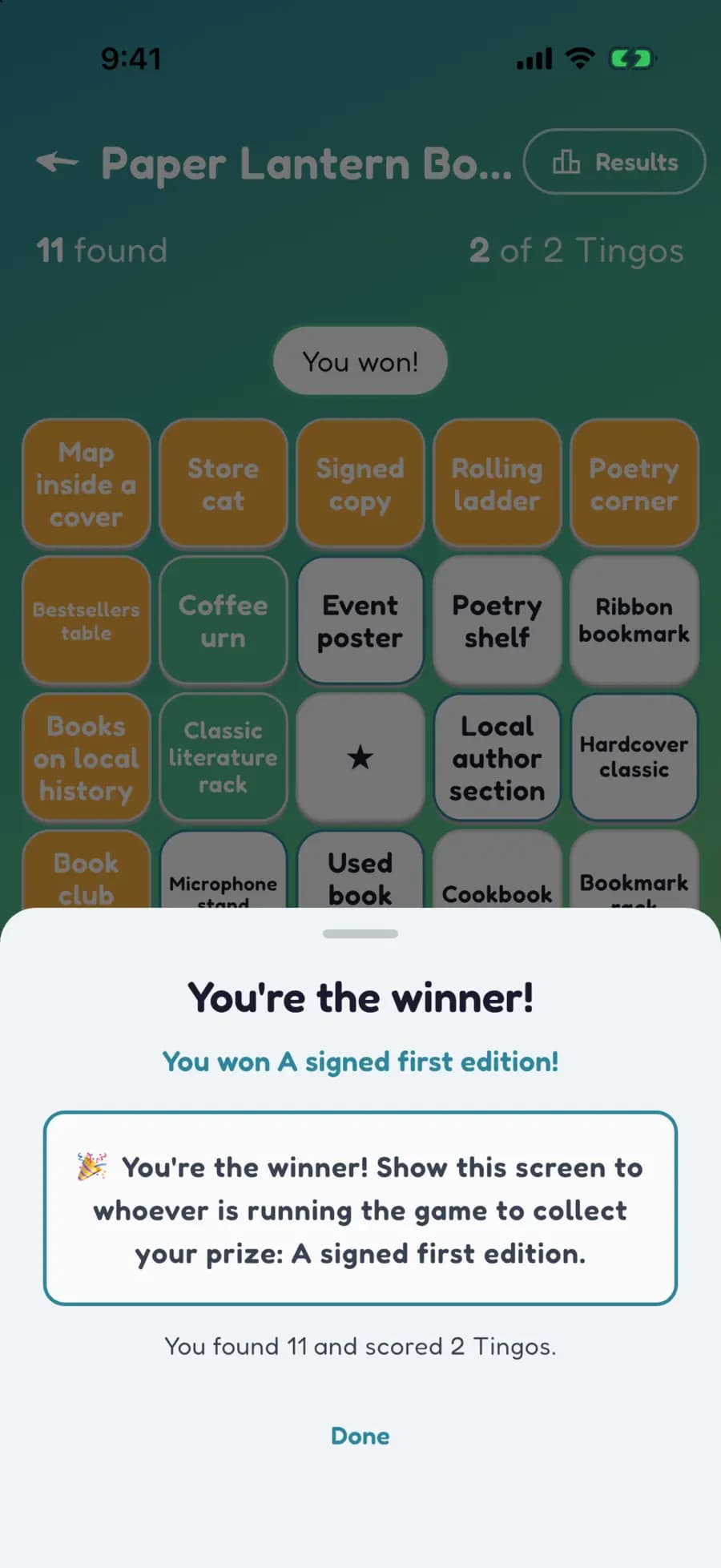 Let's Tingo's results screen announcing the winner of a bookstore game and their prize.