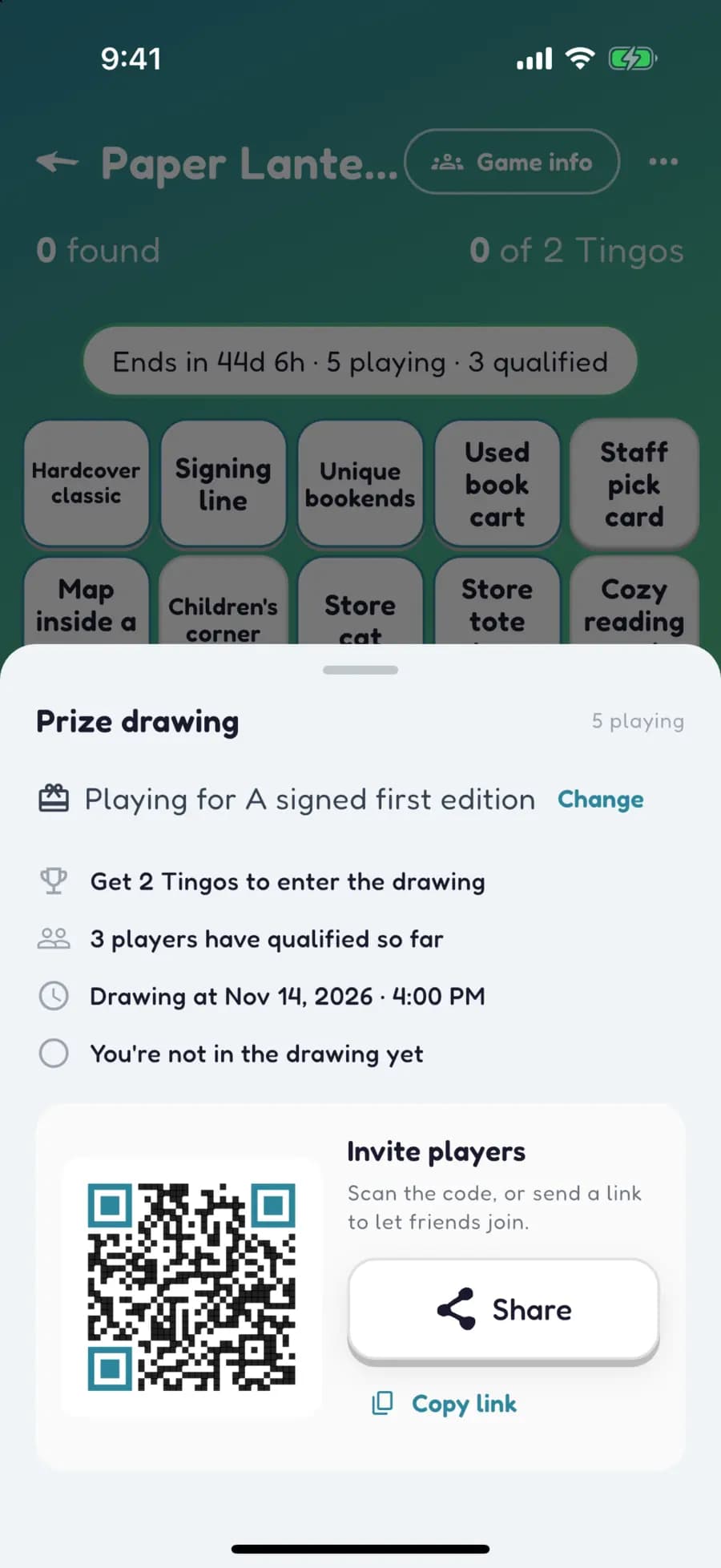 A Let's Tingo prize drawing sheet for a bookstore game, with a QR code to invite players.