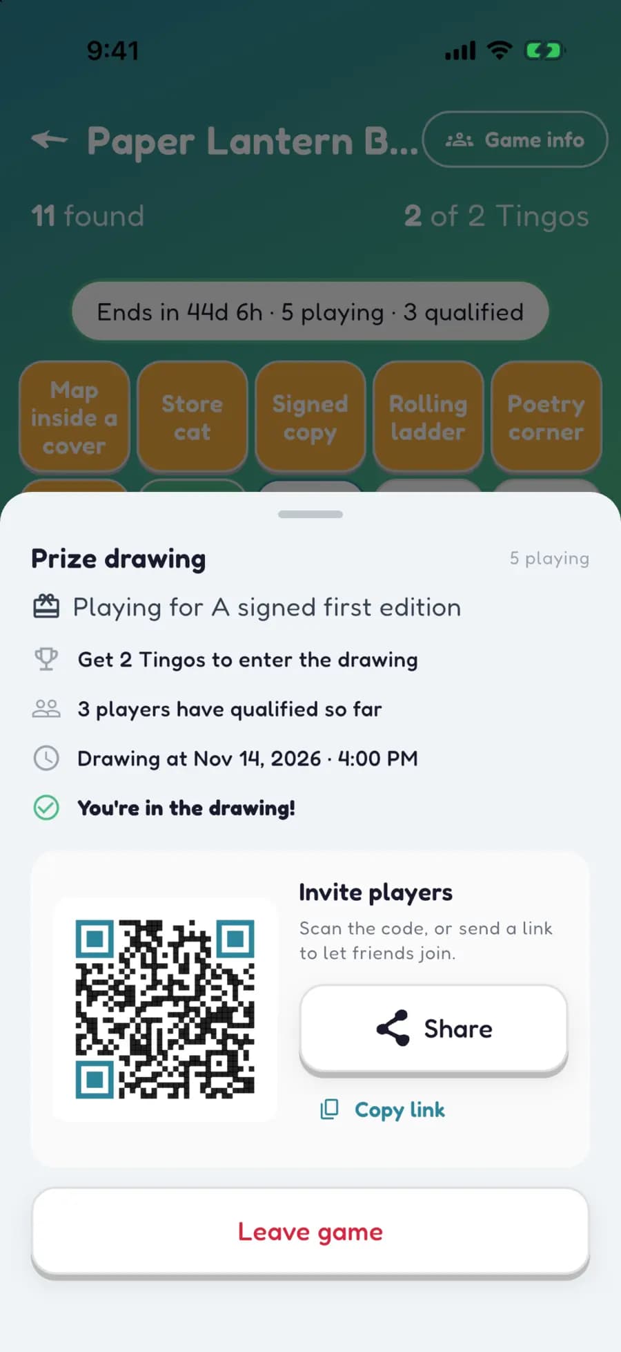 A sponsored Let's Tingo game showing how many customers are playing and how many have qualified for the prize drawing.