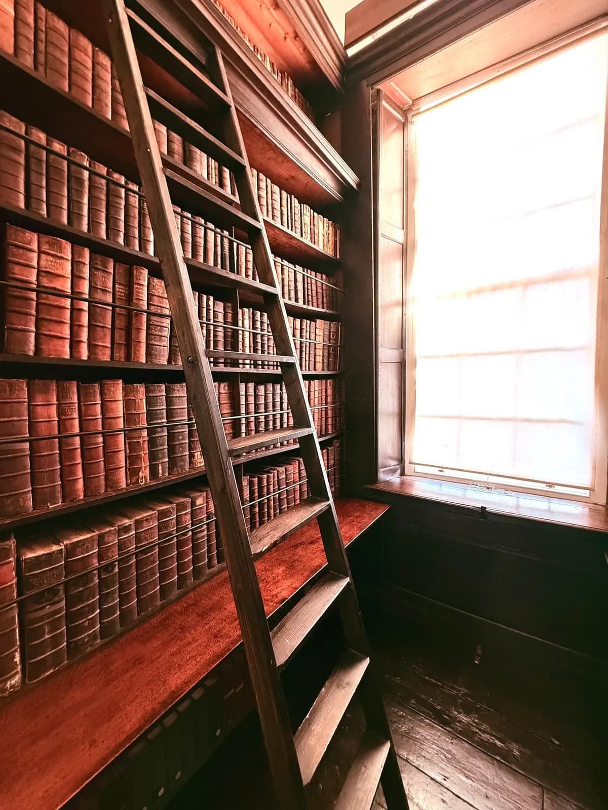 A wooden rolling ladder against tall bookshelves.