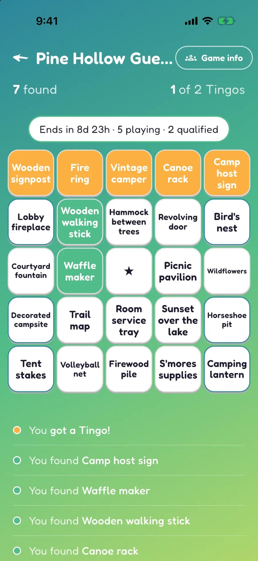 A Let's Tingo board on a phone with campground finds marked, one row highlighted as a completed Tingo.