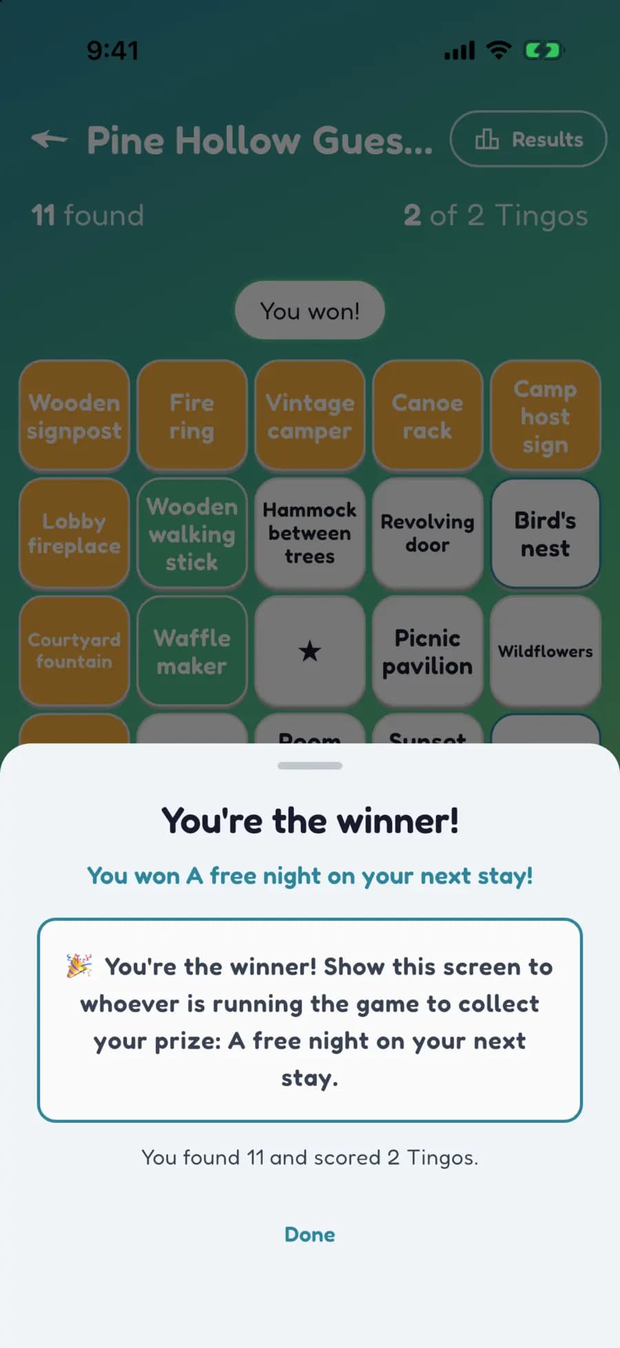 Let's Tingo's results screen announcing the winner of a campground game and their prize.