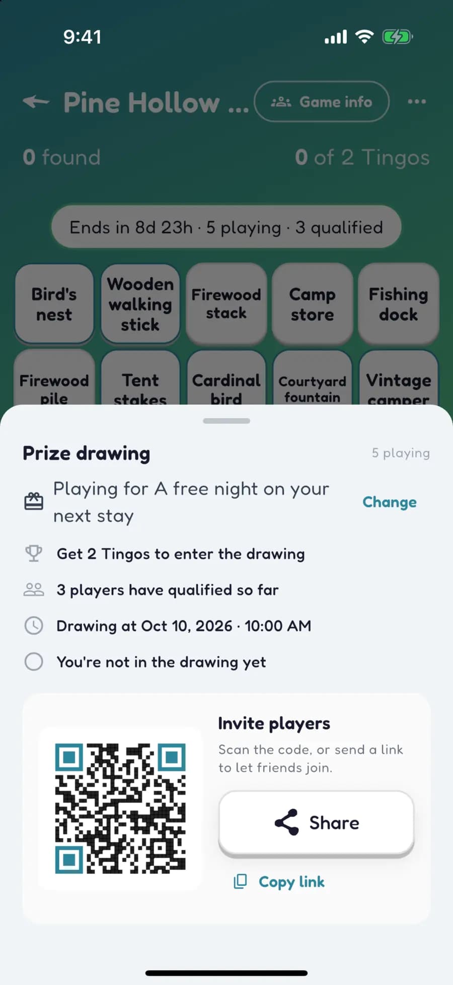 A Let's Tingo prize drawing sheet for a campground game, with a QR code to invite players.