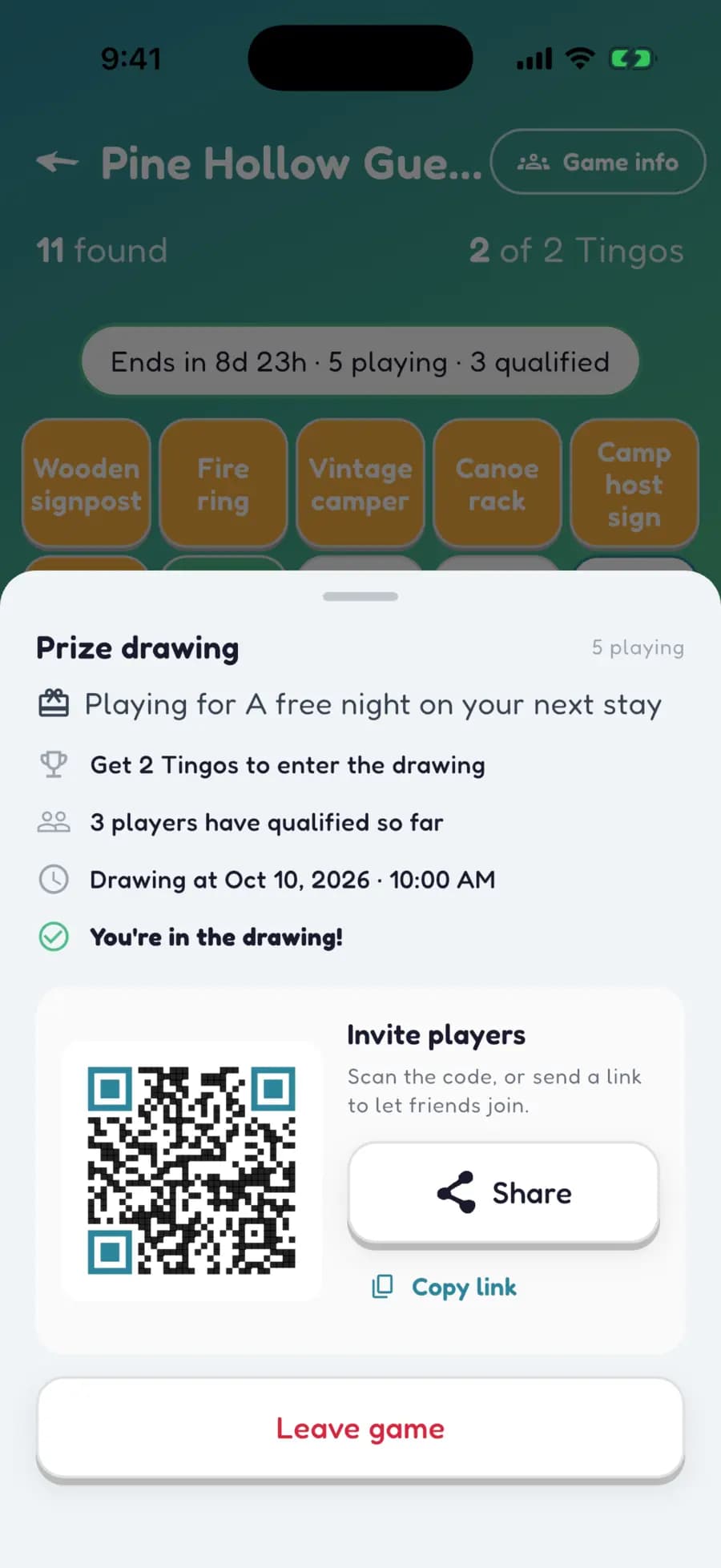 A sponsored Let's Tingo game showing how many guests are playing and how many have qualified for the prize drawing.