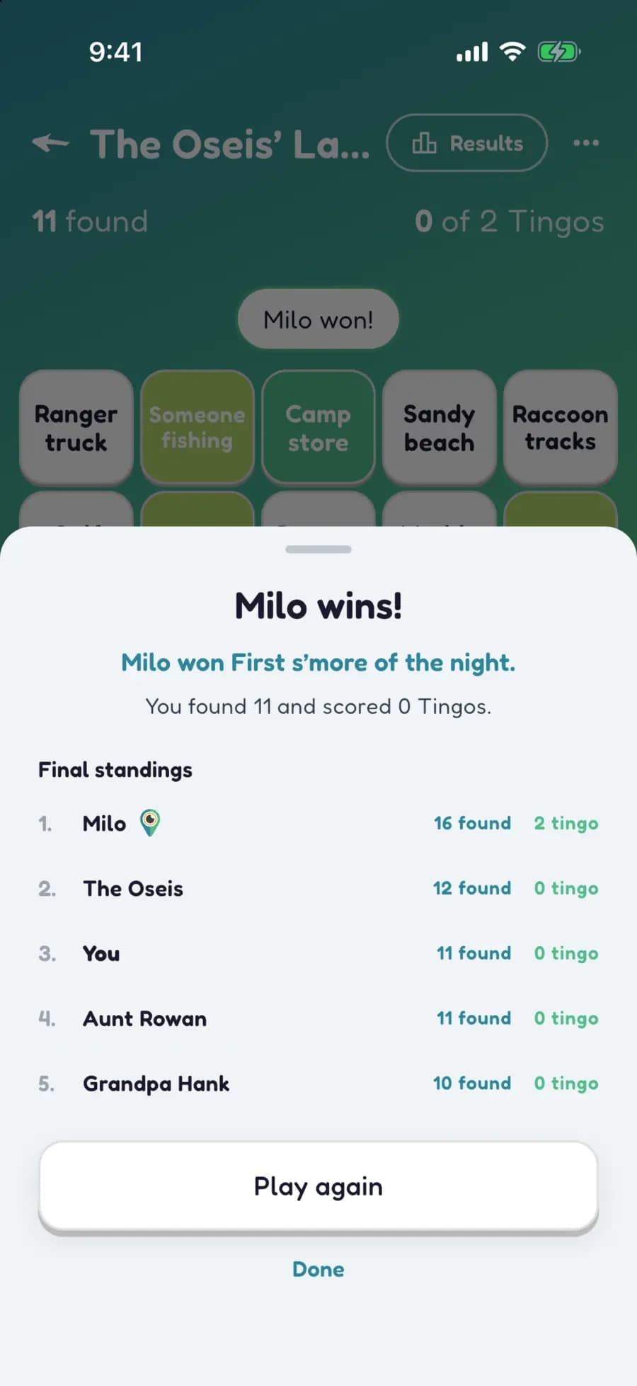 Let's Tingo's results screen announcing the winner of a camping game and their prize.