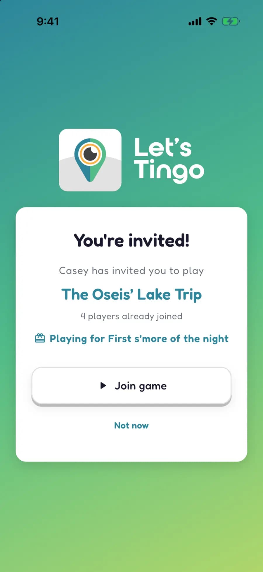 A Let's Tingo invitation to a camping game, with a button to join.