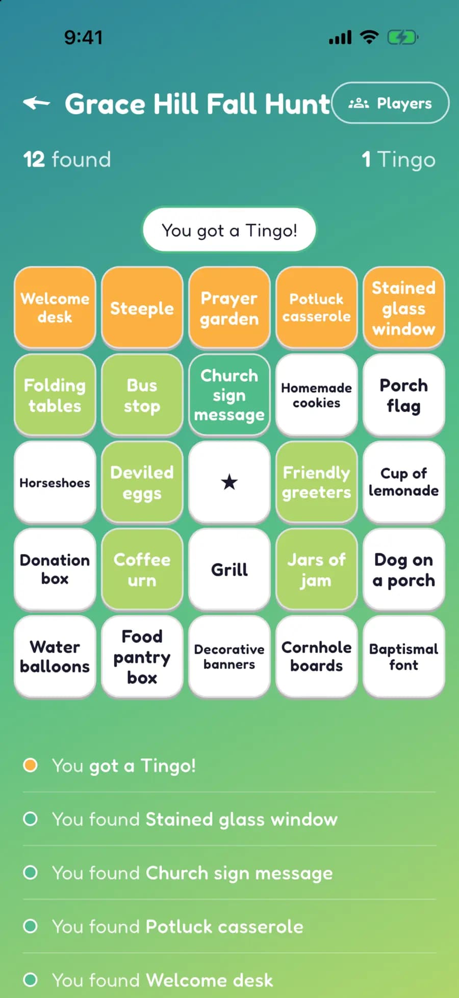 A Let's Tingo board on a phone with church fundraiser finds marked, one row highlighted as a completed Tingo.
