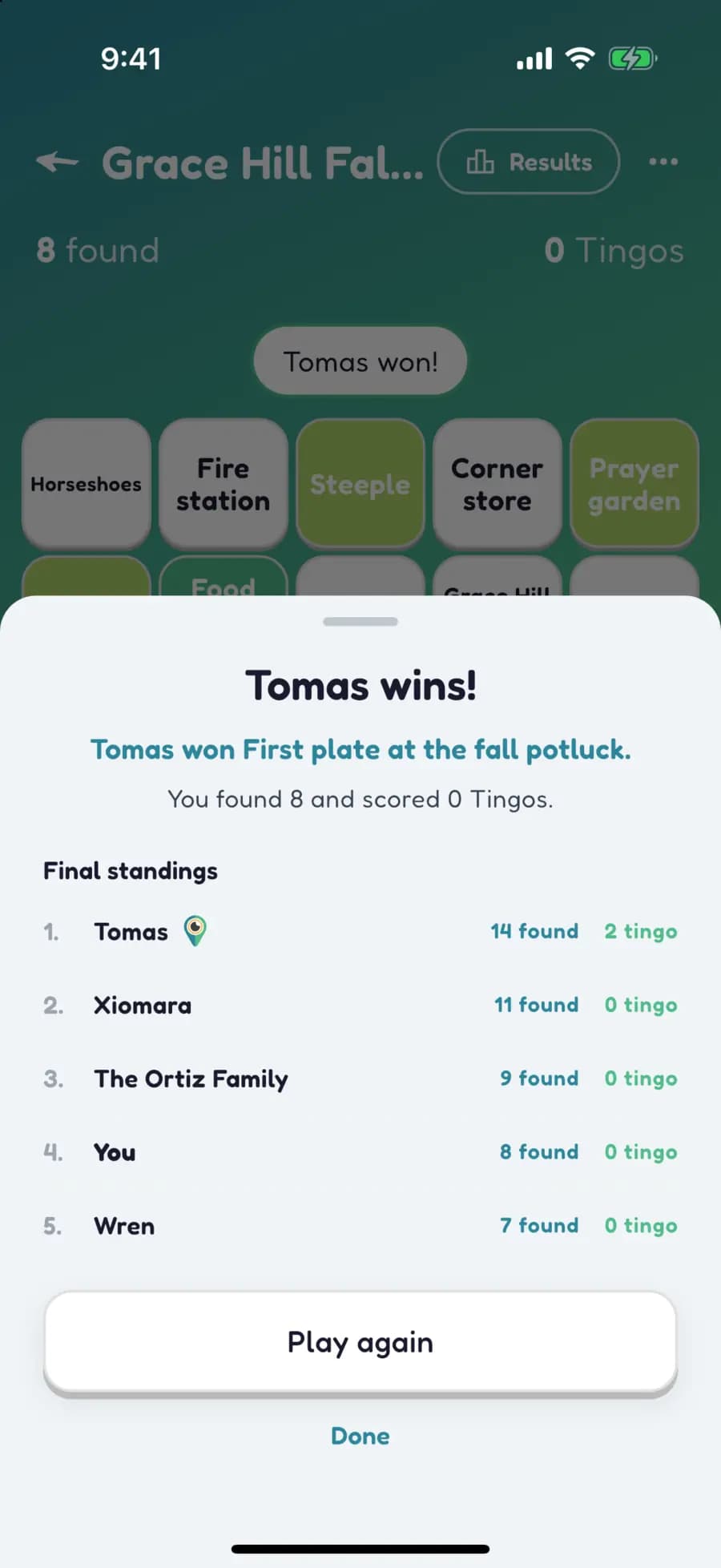 Let's Tingo's results screen announcing the winner of a church fundraiser game and their prize.