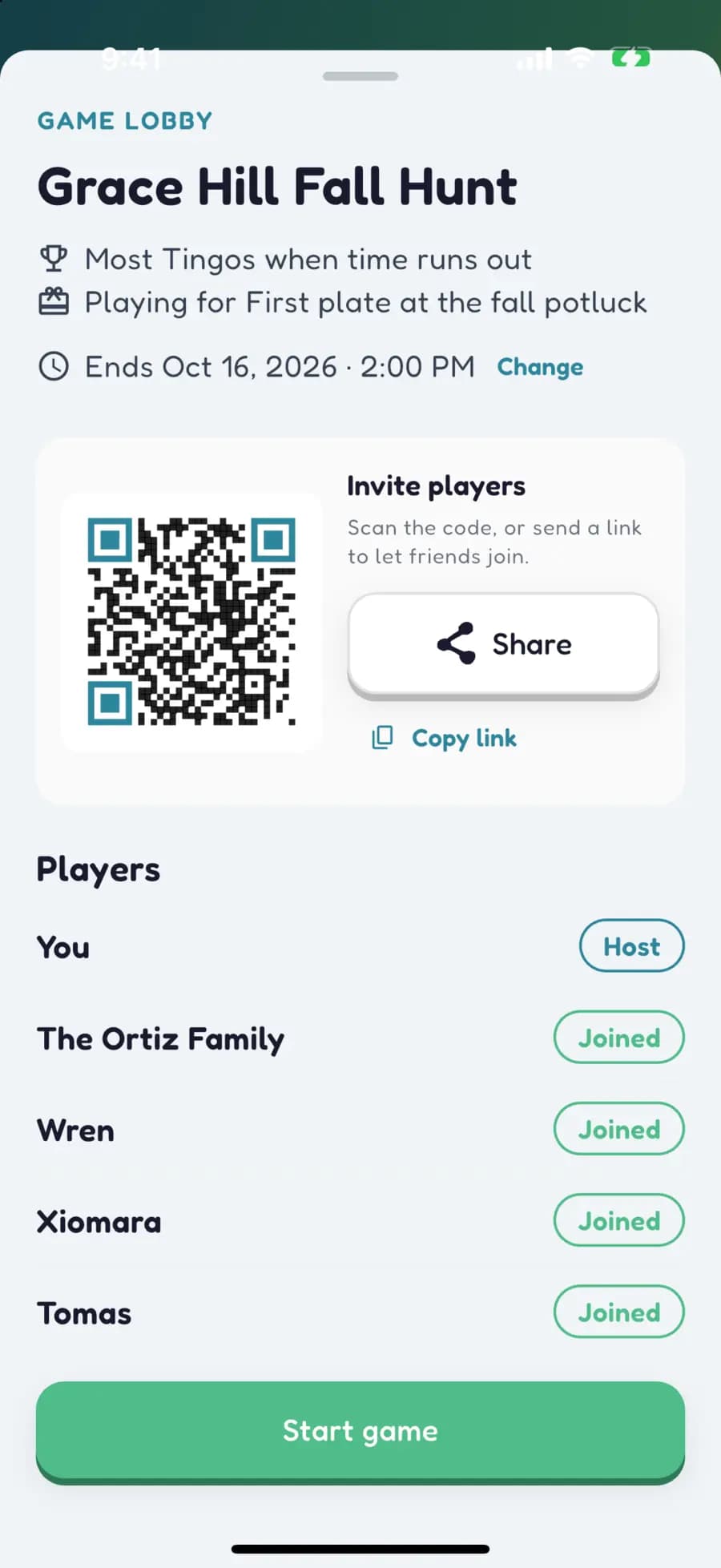 A fundraiser game lobby showing a QR code to join and the congregation members who are in.