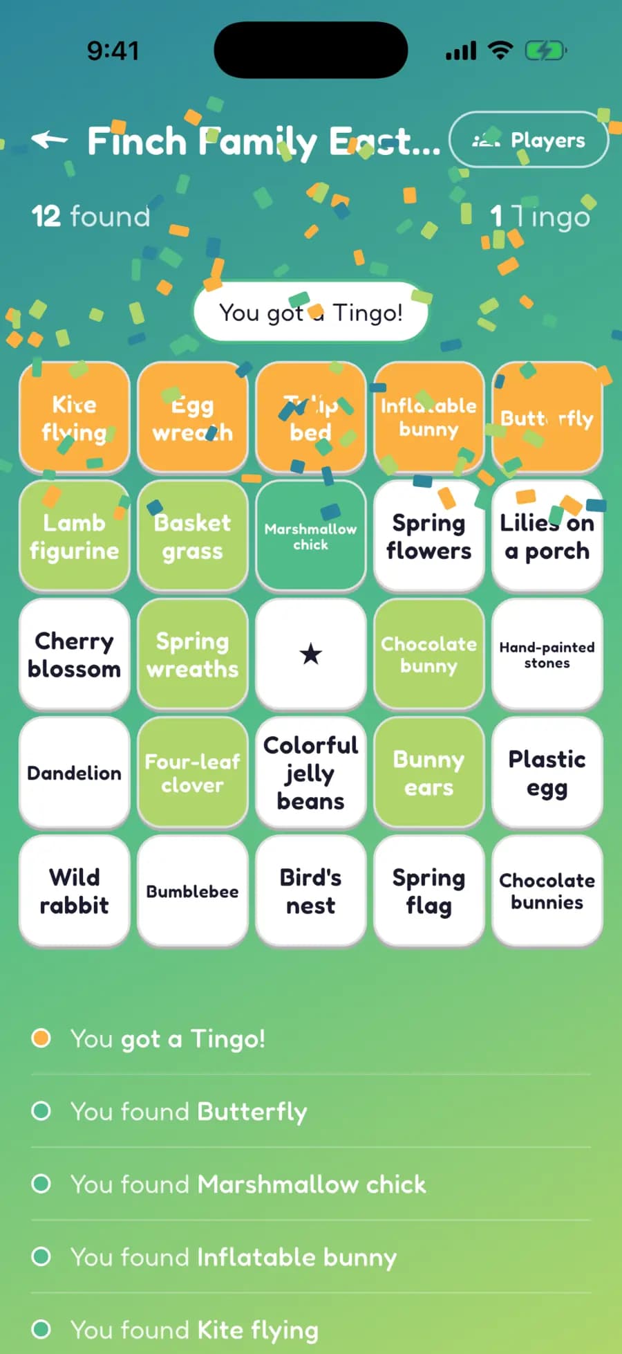 A Let's Tingo board on a phone with Easter finds marked, one row highlighted as a completed Tingo.