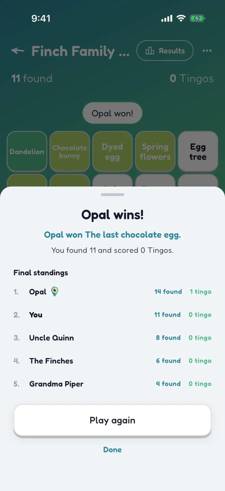 Let's Tingo's results screen announcing the winner of an Easter game and their prize.