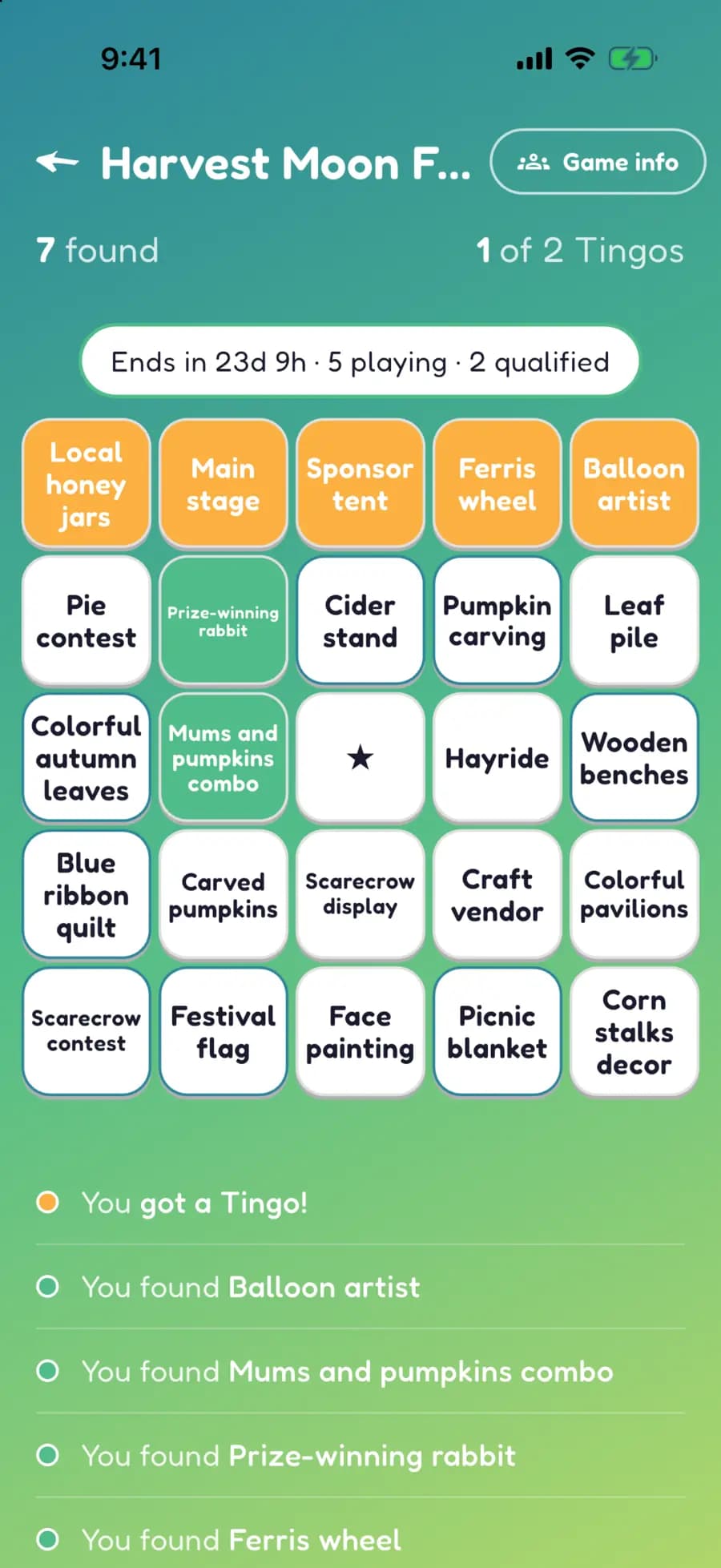 A Let's Tingo board on a phone with festival finds marked, one row highlighted as a completed Tingo.