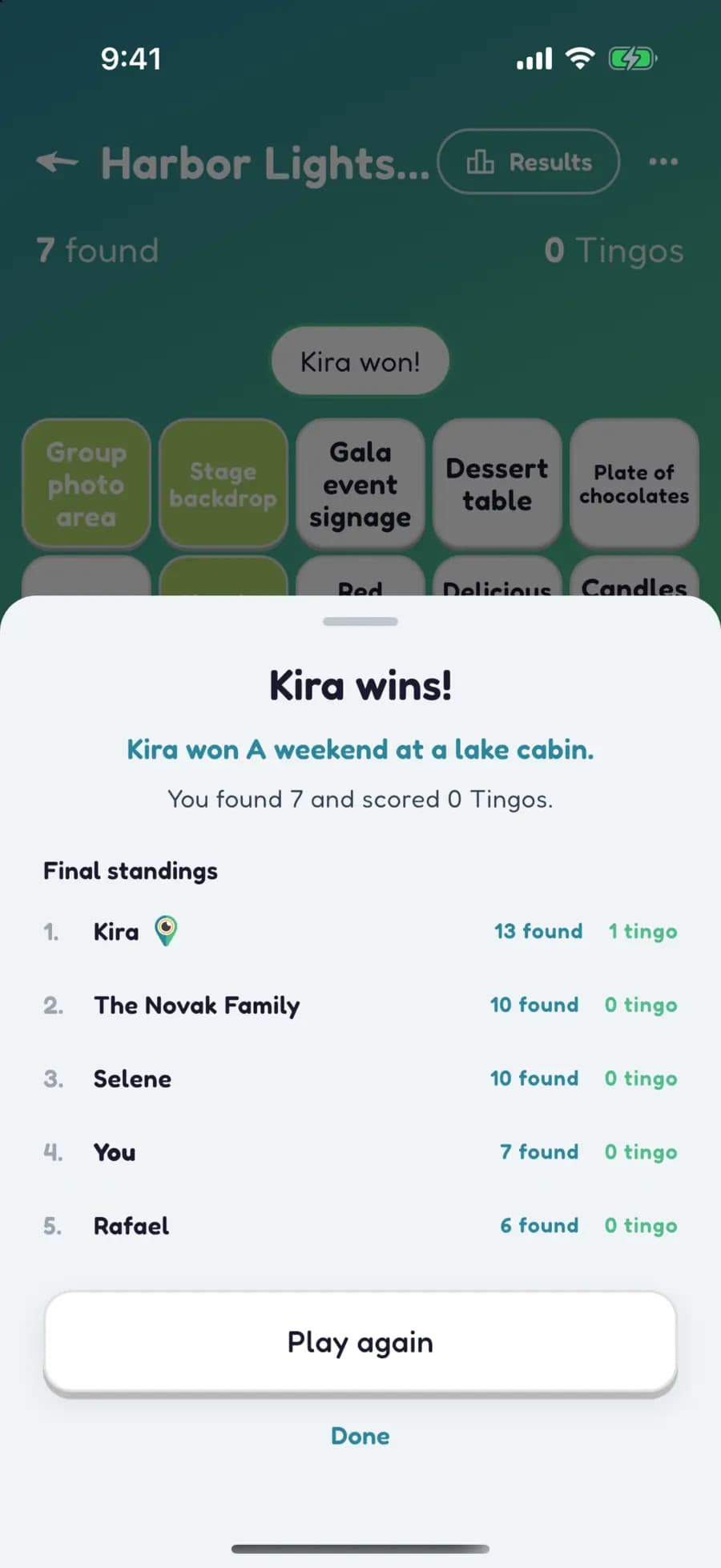 Let's Tingo's results screen announcing the winner of a charity event game and their prize.