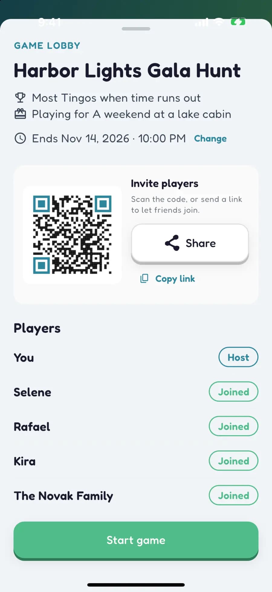 A fundraiser game lobby showing a QR code to join and the guests who are in.