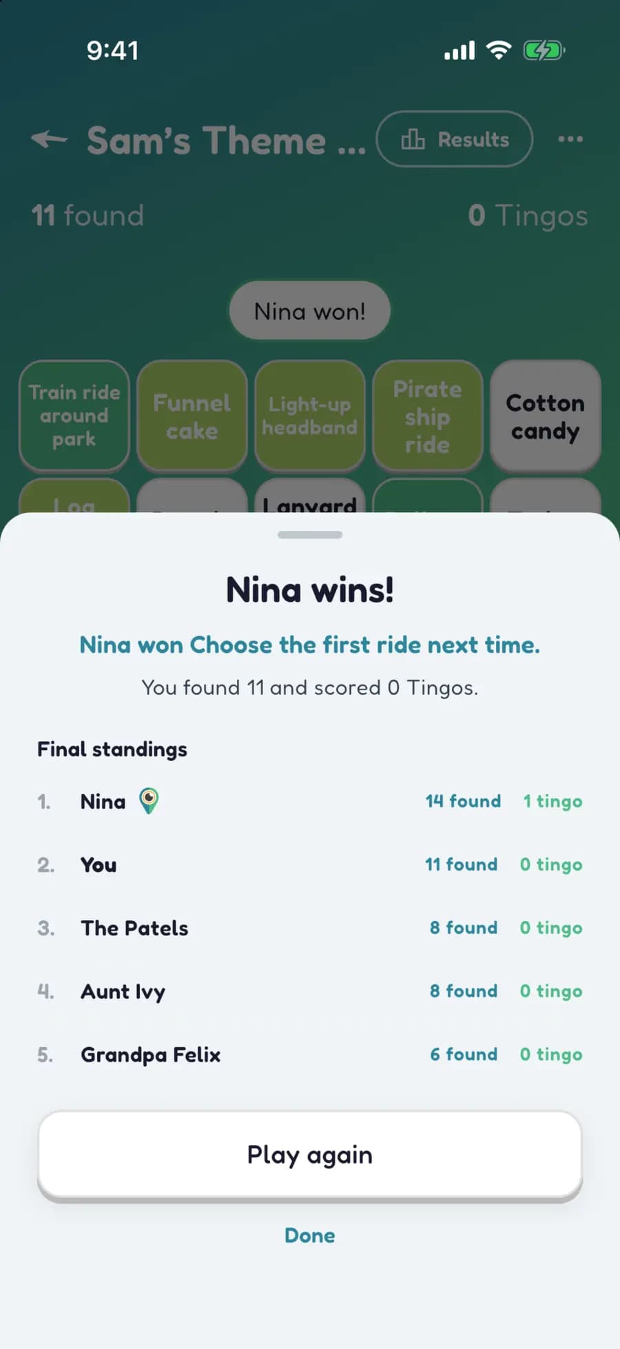 Let's Tingo's results screen announcing the winner of a theme park game and their prize.