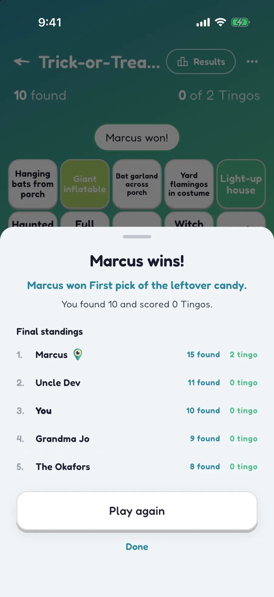 Let's Tingo's results screen announcing the winner of a Halloween game and their prize.