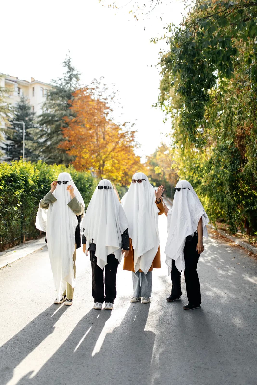 Four friends in white sheet ghost costumes and sunglasses walk down a tree-lined street together.