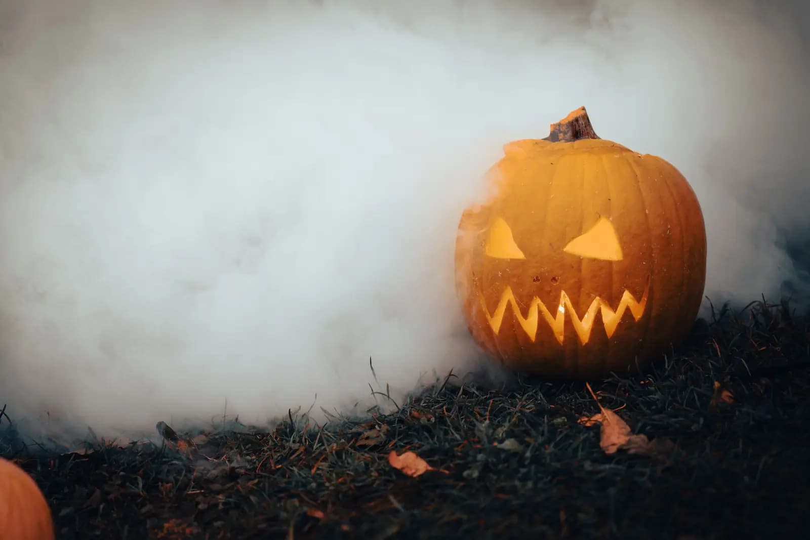 A glowing carved jack-o'-lantern sits on the grass beside a bank of white fog.