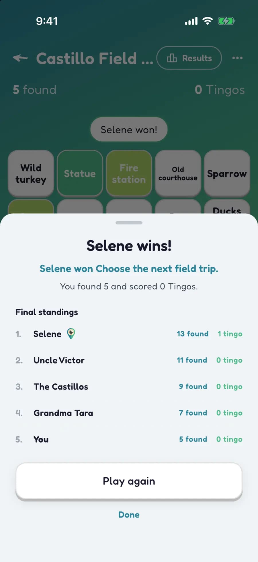 Let's Tingo's results screen announcing the winner of a field trip game and their prize.