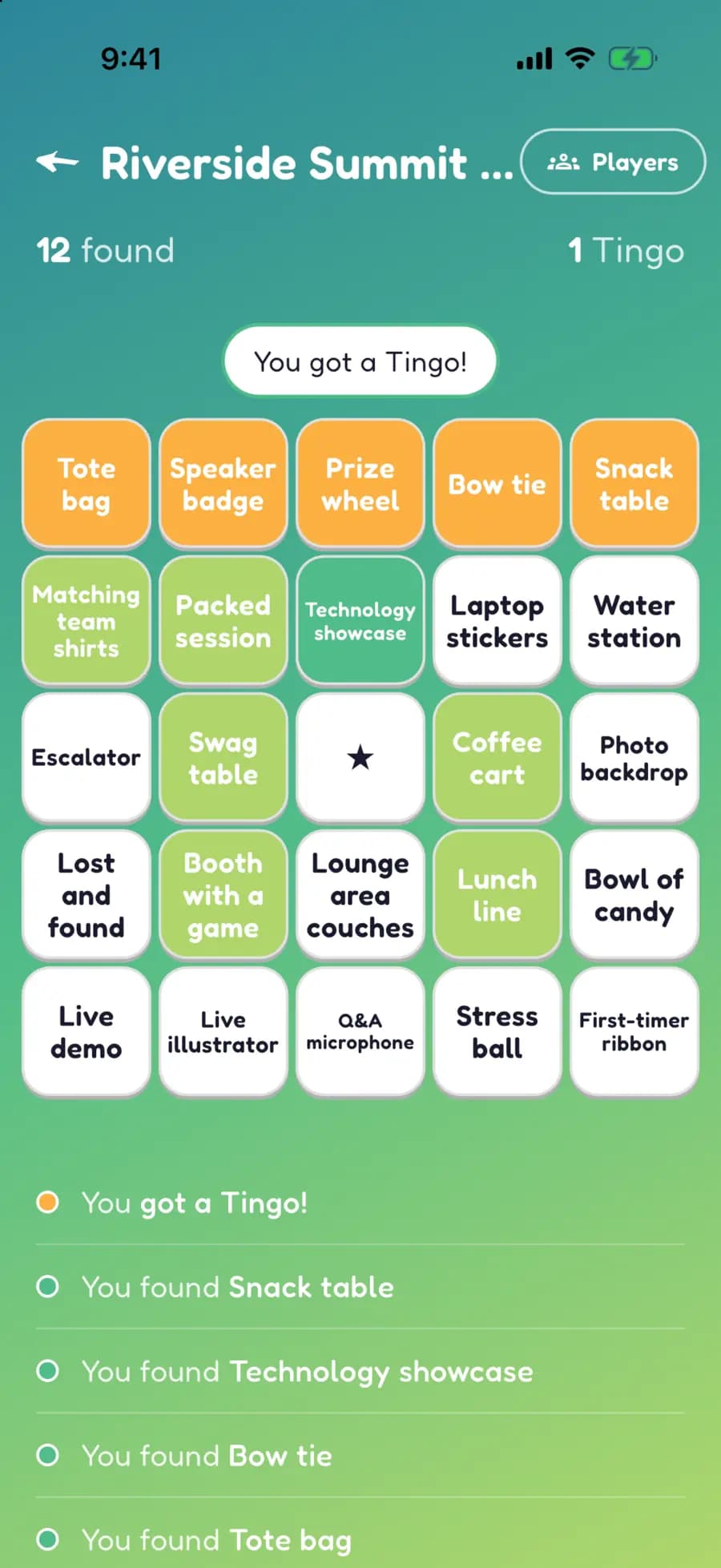 A Let's Tingo board on a phone with conference finds marked, one row highlighted as a completed Tingo.