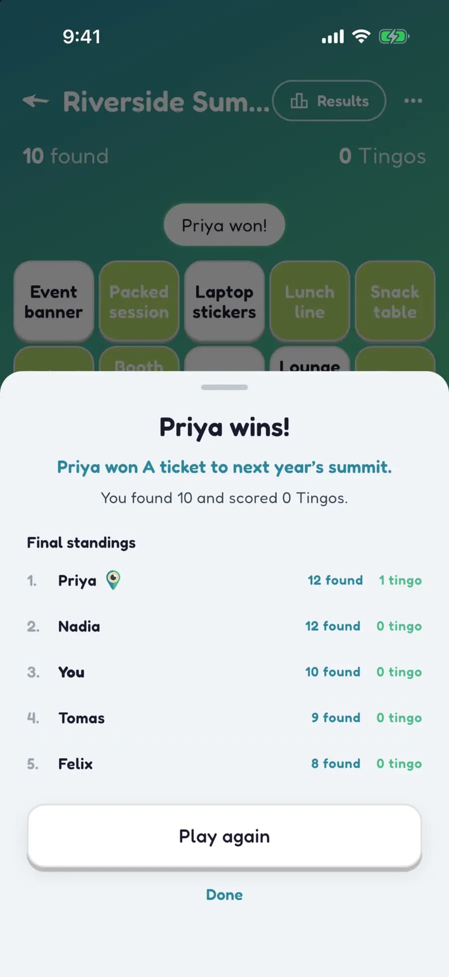 Let's Tingo's results screen announcing the winner of a conference game and their prize.