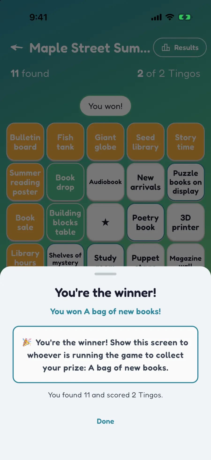 Let's Tingo's results screen announcing the winner of a library game and their prize.