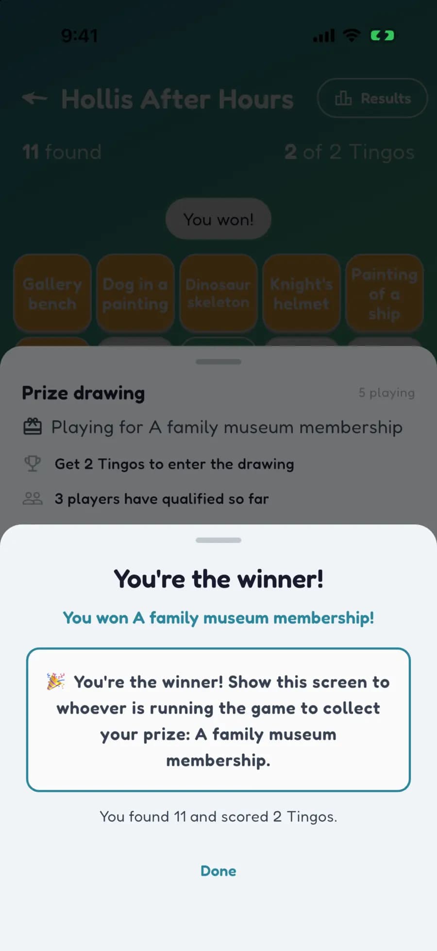 Let's Tingo's results screen announcing the winner of a museum game and their prize.