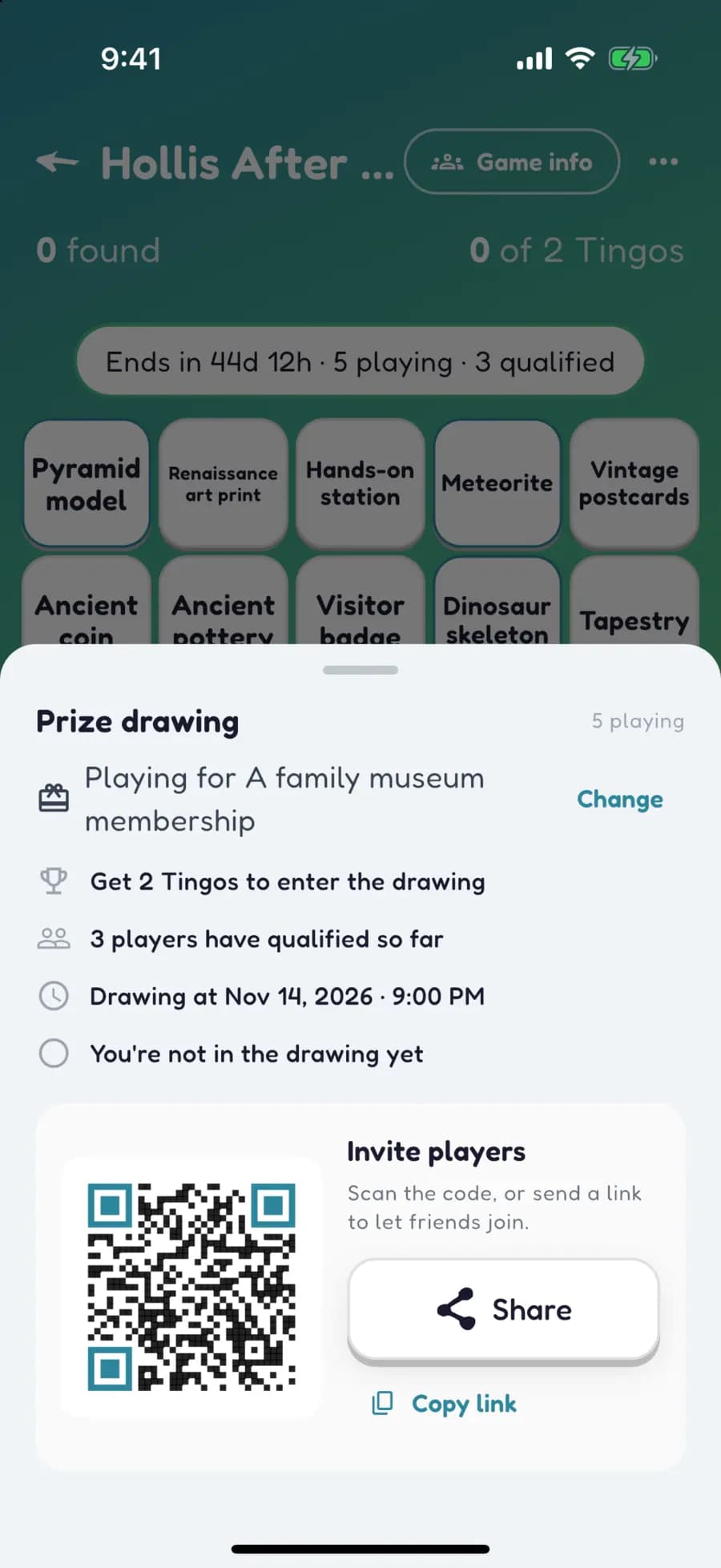 A Let's Tingo prize drawing sheet for a museum game, with a QR code to invite players.