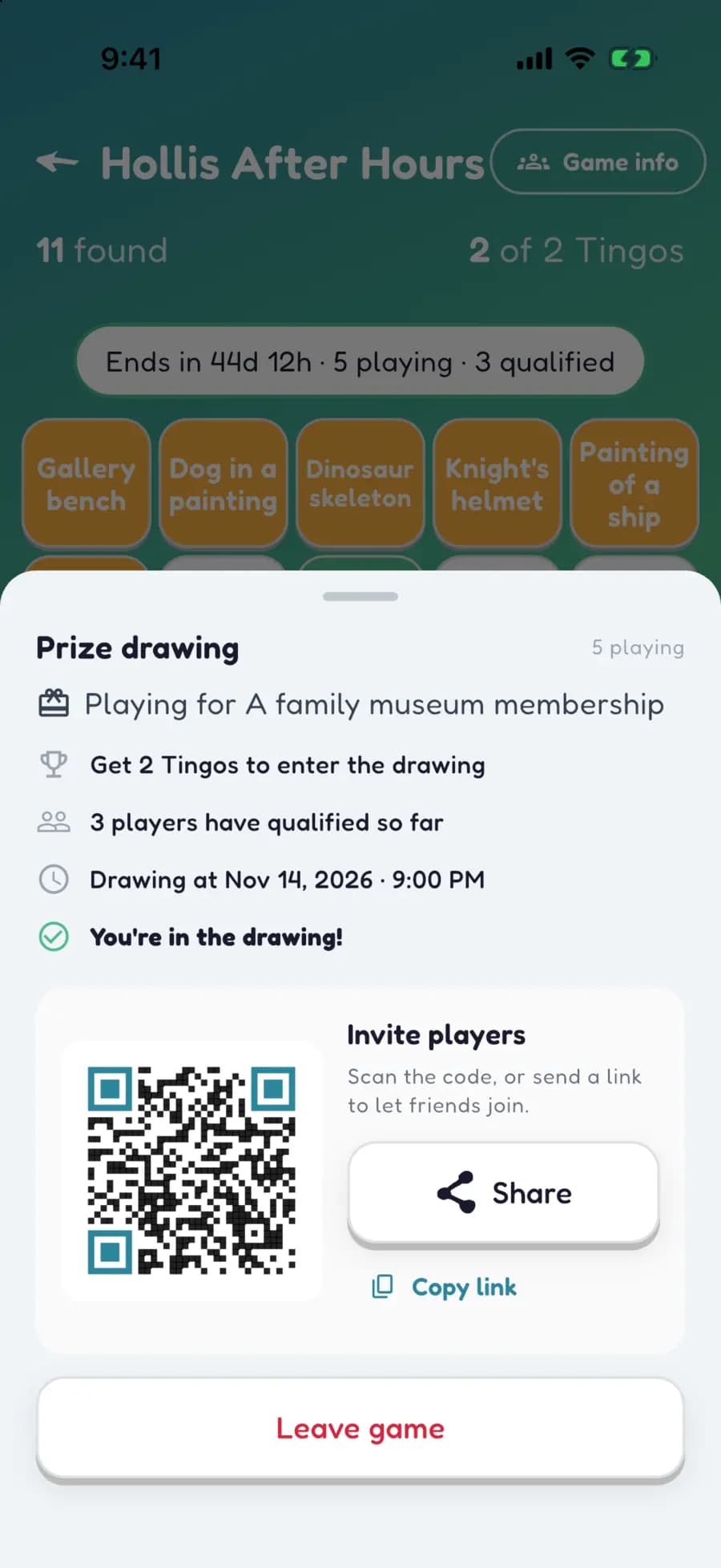 A sponsored Let's Tingo game showing how many visitors are playing and how many have qualified for the prize drawing.