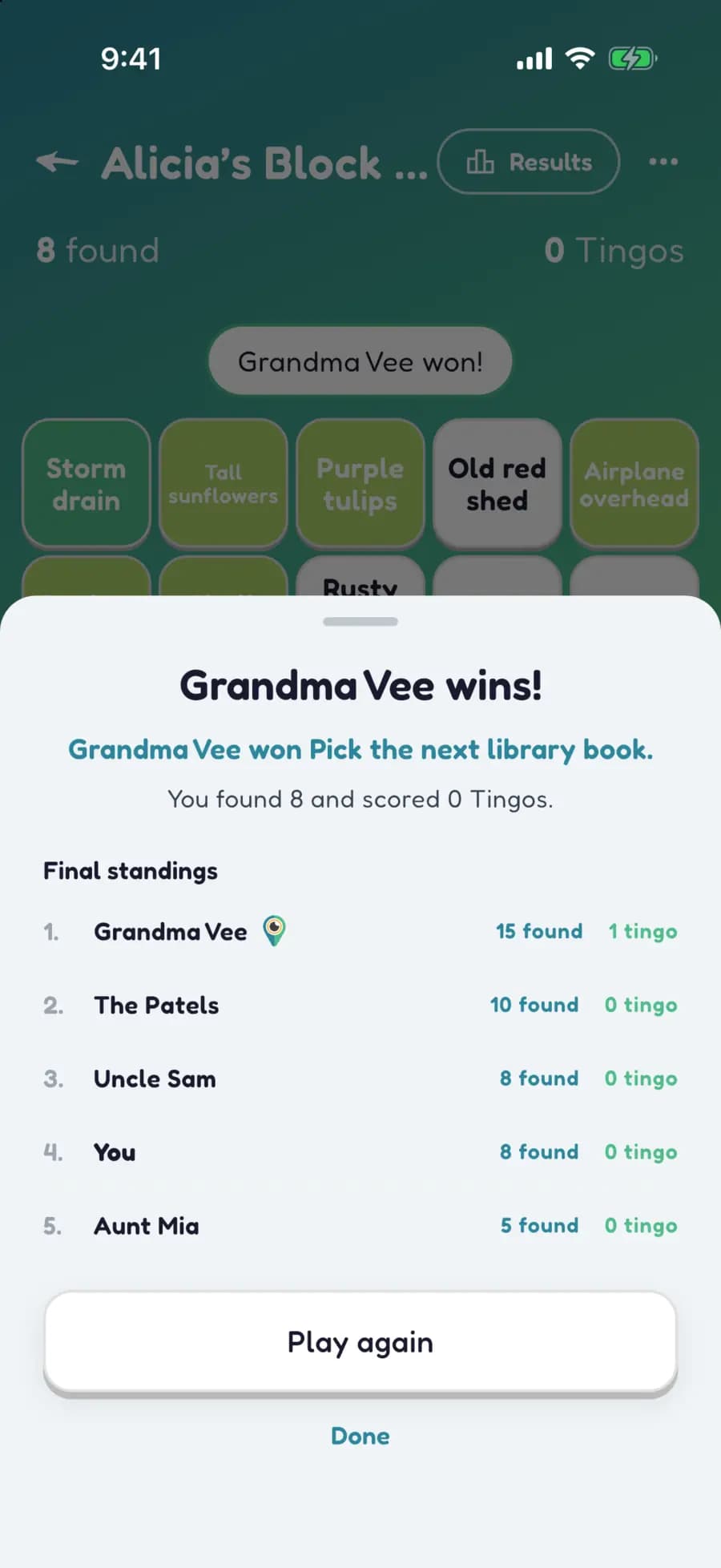 Let's Tingo's results screen announcing the winner of a neighborhood game and their prize.