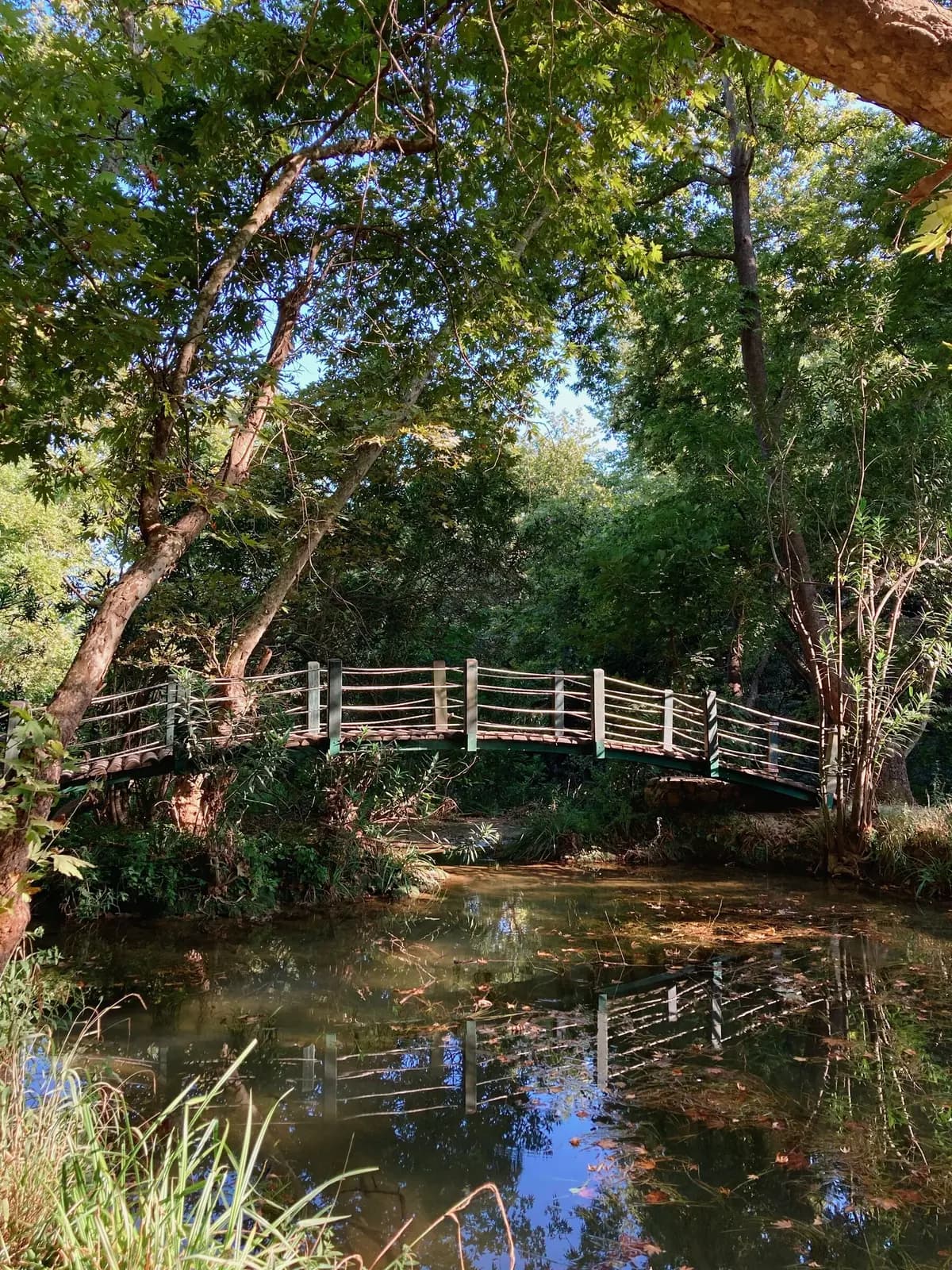 An arched wooden footbridge over a creek, reflected in the water.