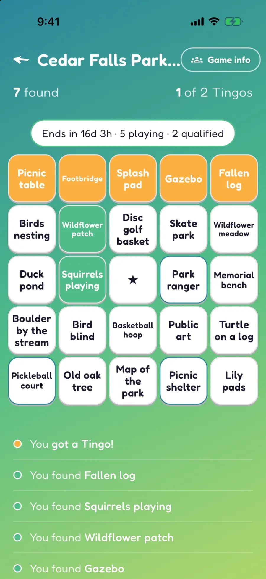 A Let's Tingo board on a phone with park finds marked, one row highlighted as a completed Tingo.