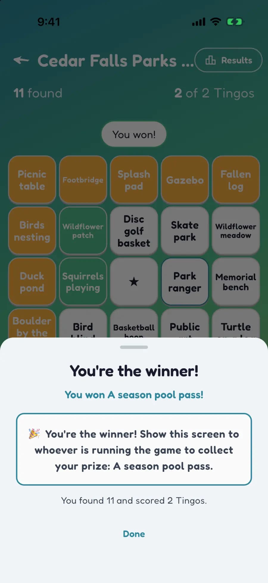Let's Tingo's results screen announcing the winner of a park game and their prize.