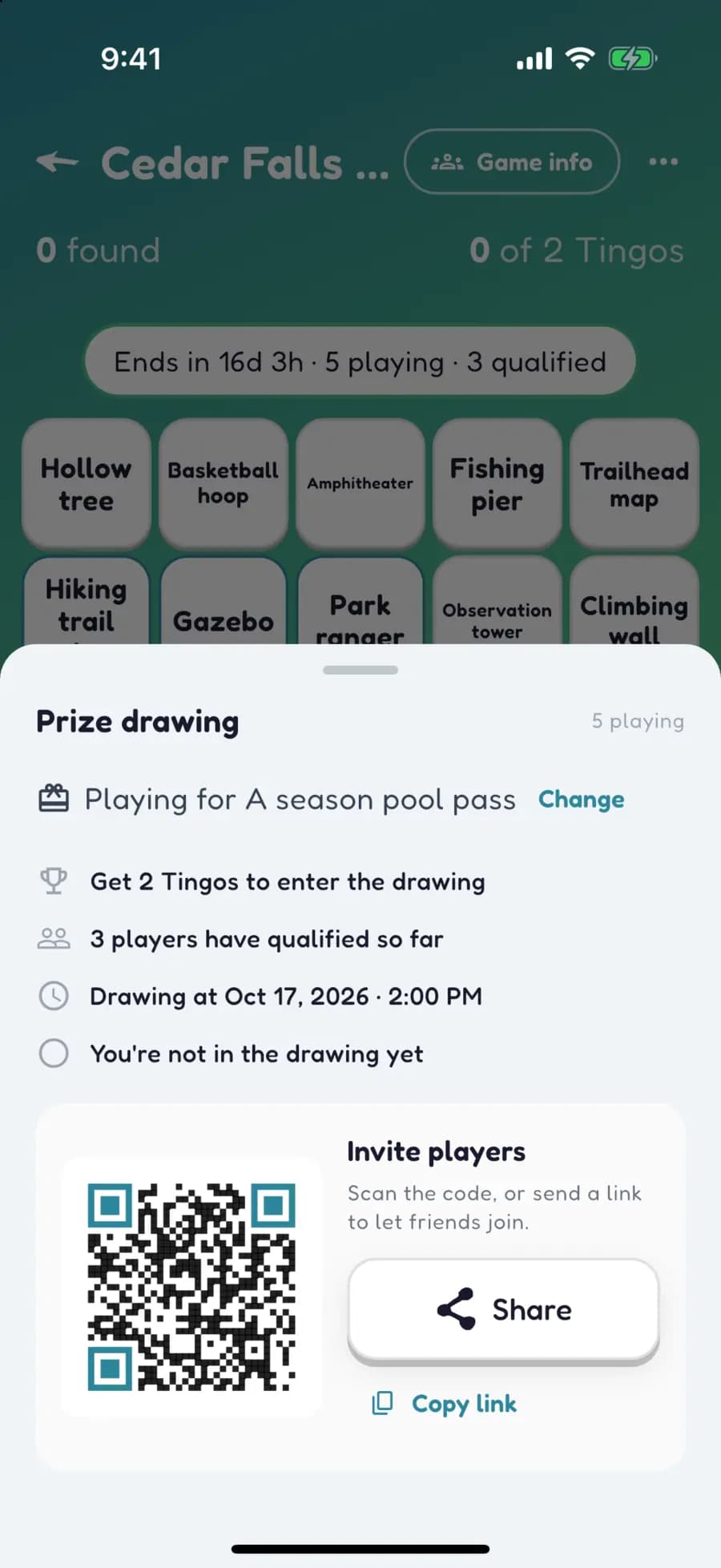 A Let's Tingo prize drawing sheet for a park game, with a QR code to invite players.