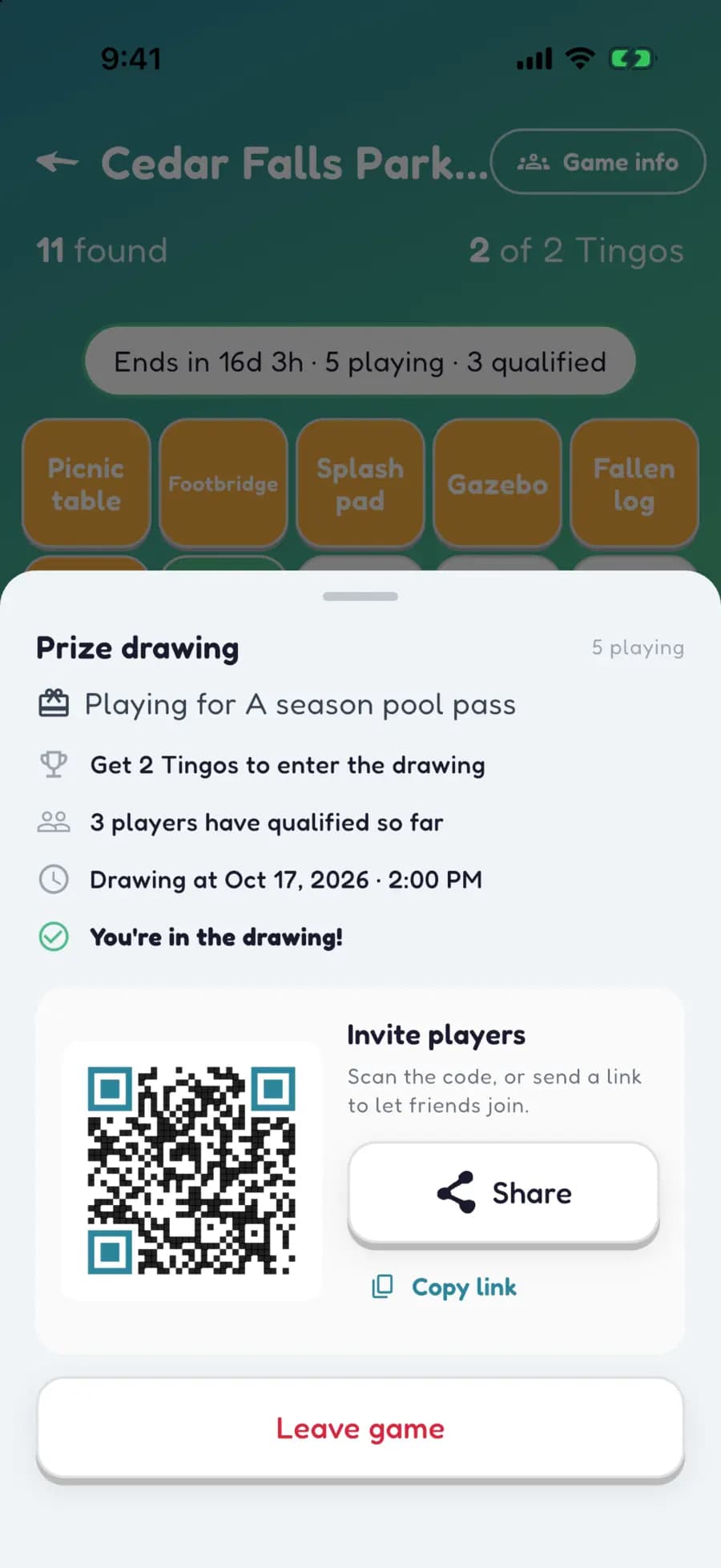 A sponsored Let's Tingo game showing how many residents are playing and how many have qualified for the prize drawing.