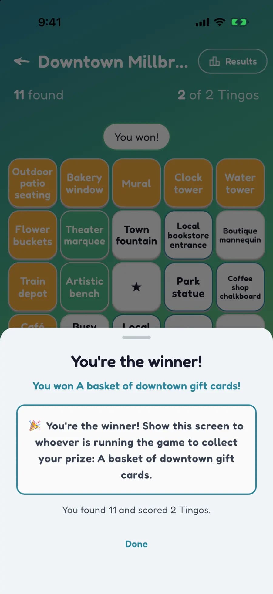 Let's Tingo's results screen announcing the winner of a downtown game and their prize.