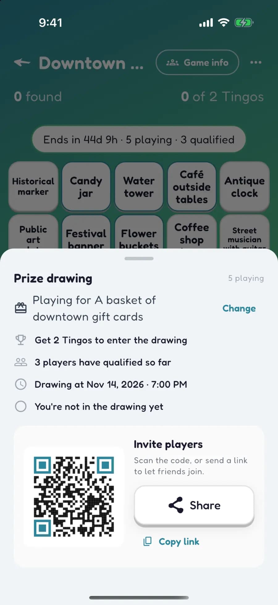 A Let's Tingo prize drawing sheet for a downtown game, with a QR code to invite players.