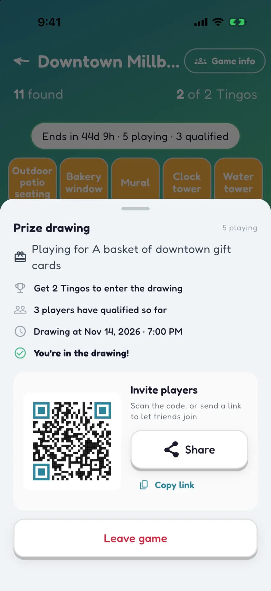 A sponsored Let's Tingo game showing how many people are playing and how many have qualified for the prize drawing.