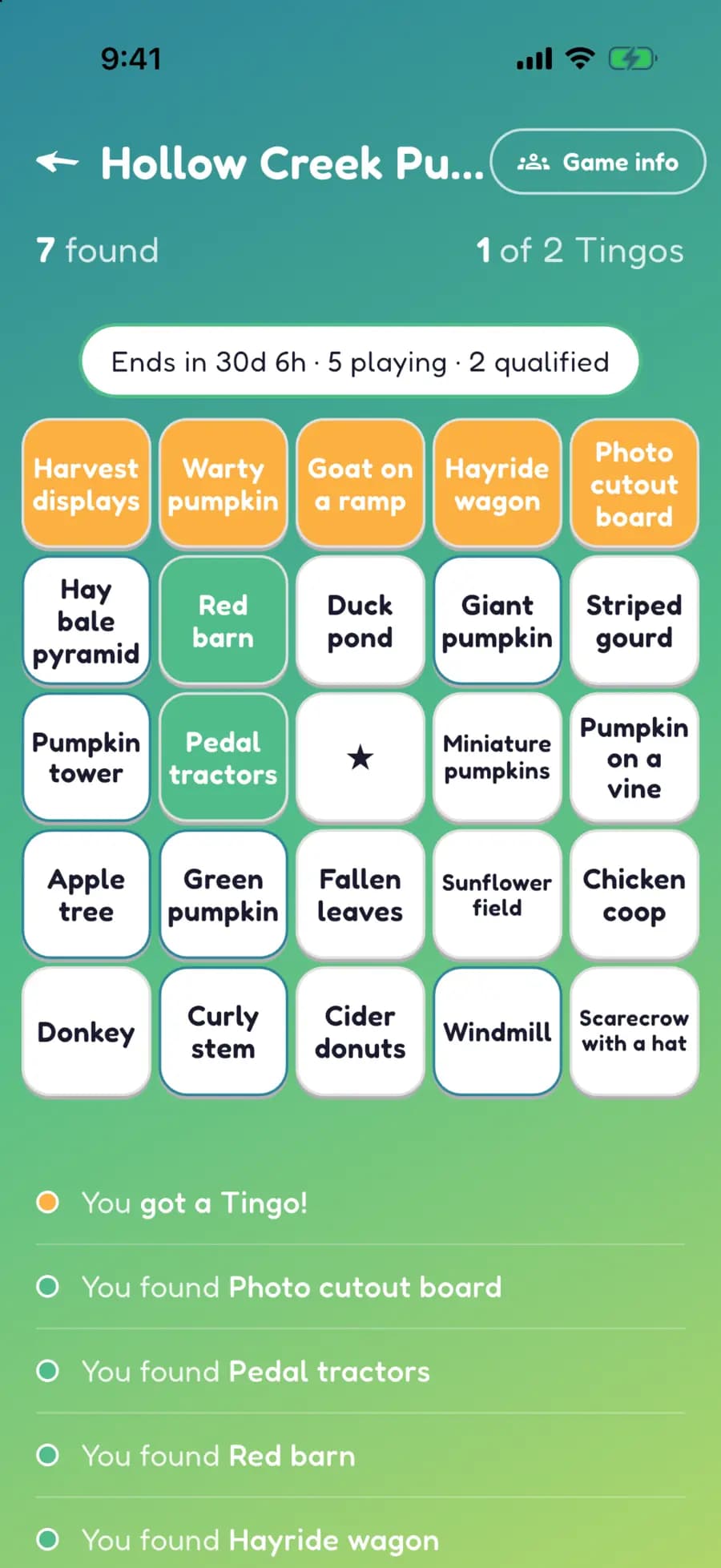 A Let's Tingo board on a phone with pumpkin patch finds marked, one row highlighted as a completed Tingo.