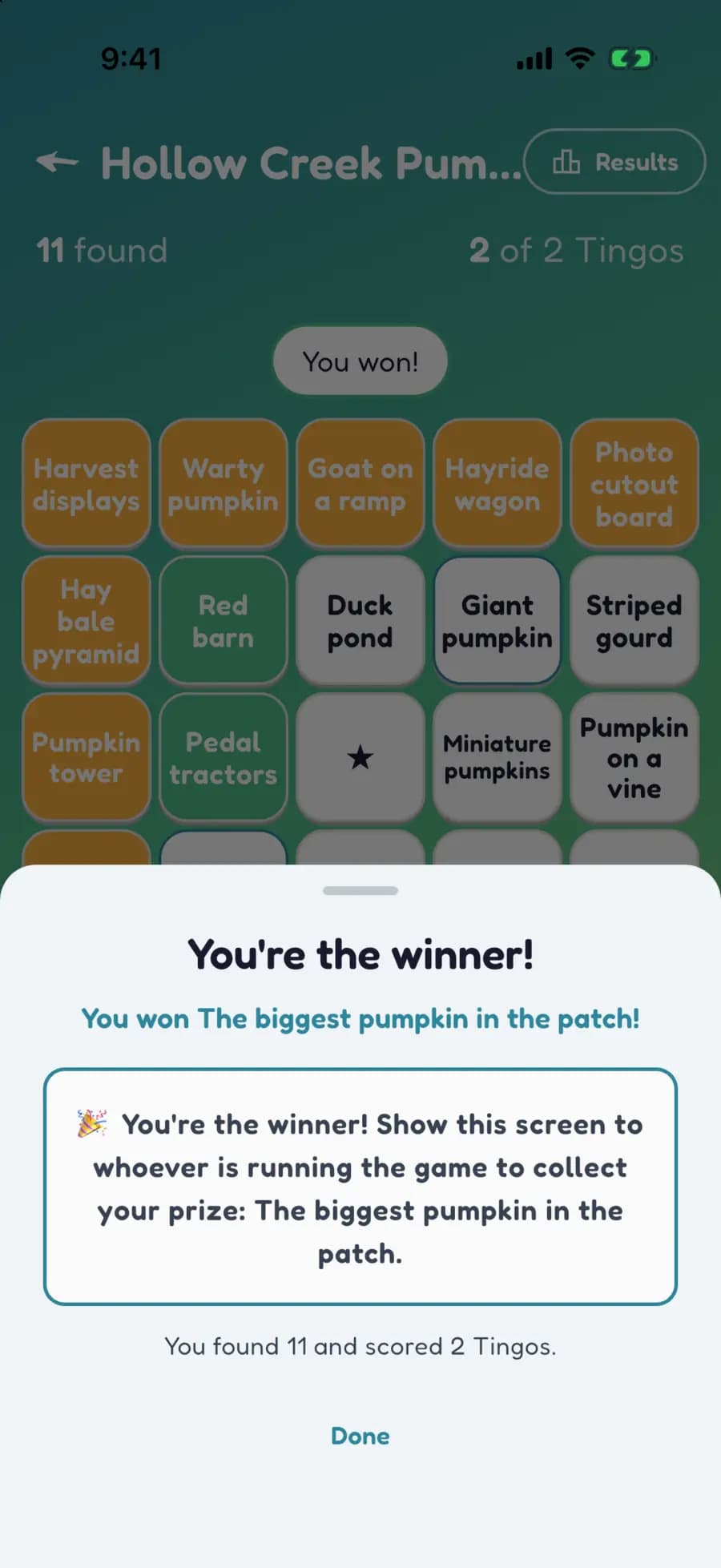Let's Tingo's results screen announcing the winner of a pumpkin patch game and their prize.