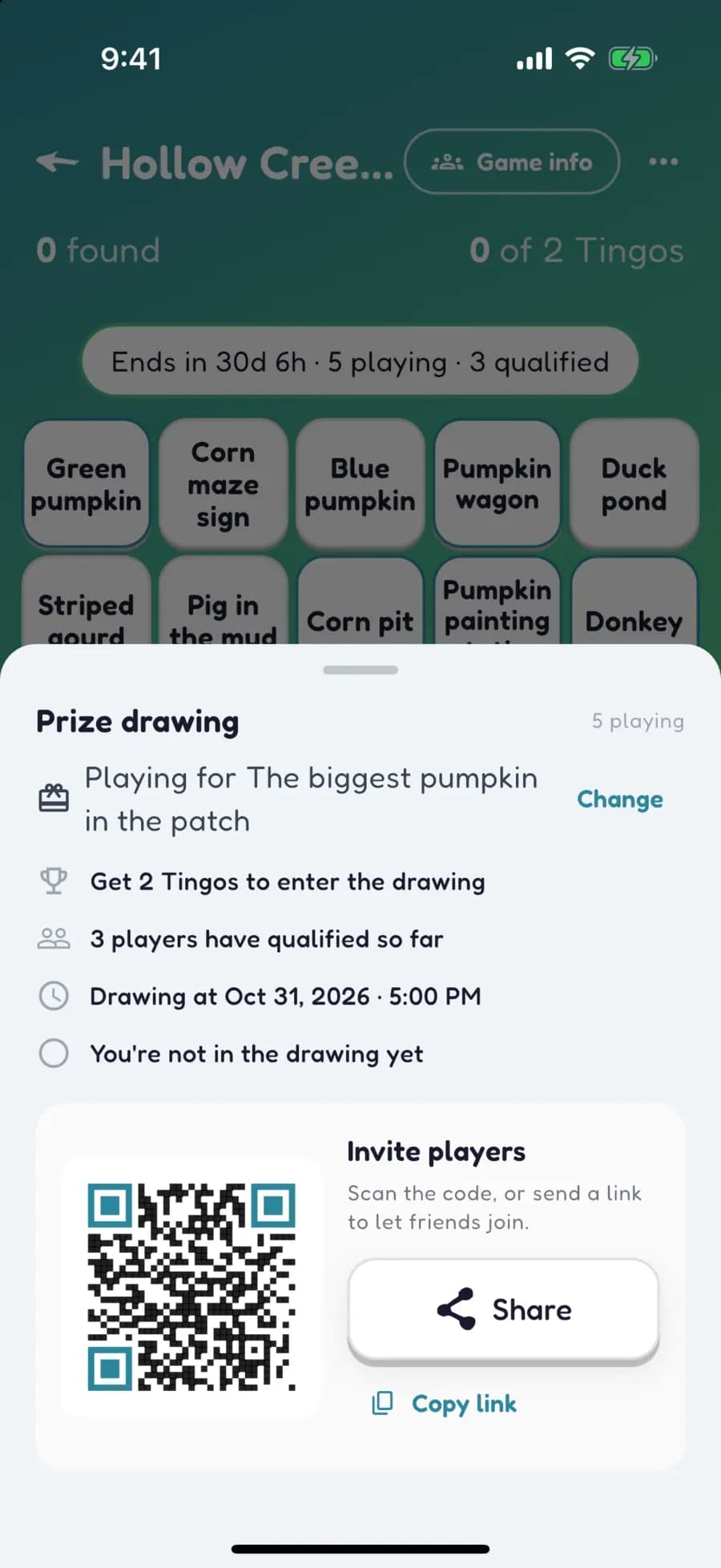 A Let's Tingo prize drawing sheet for a farm game, with a QR code to invite players.