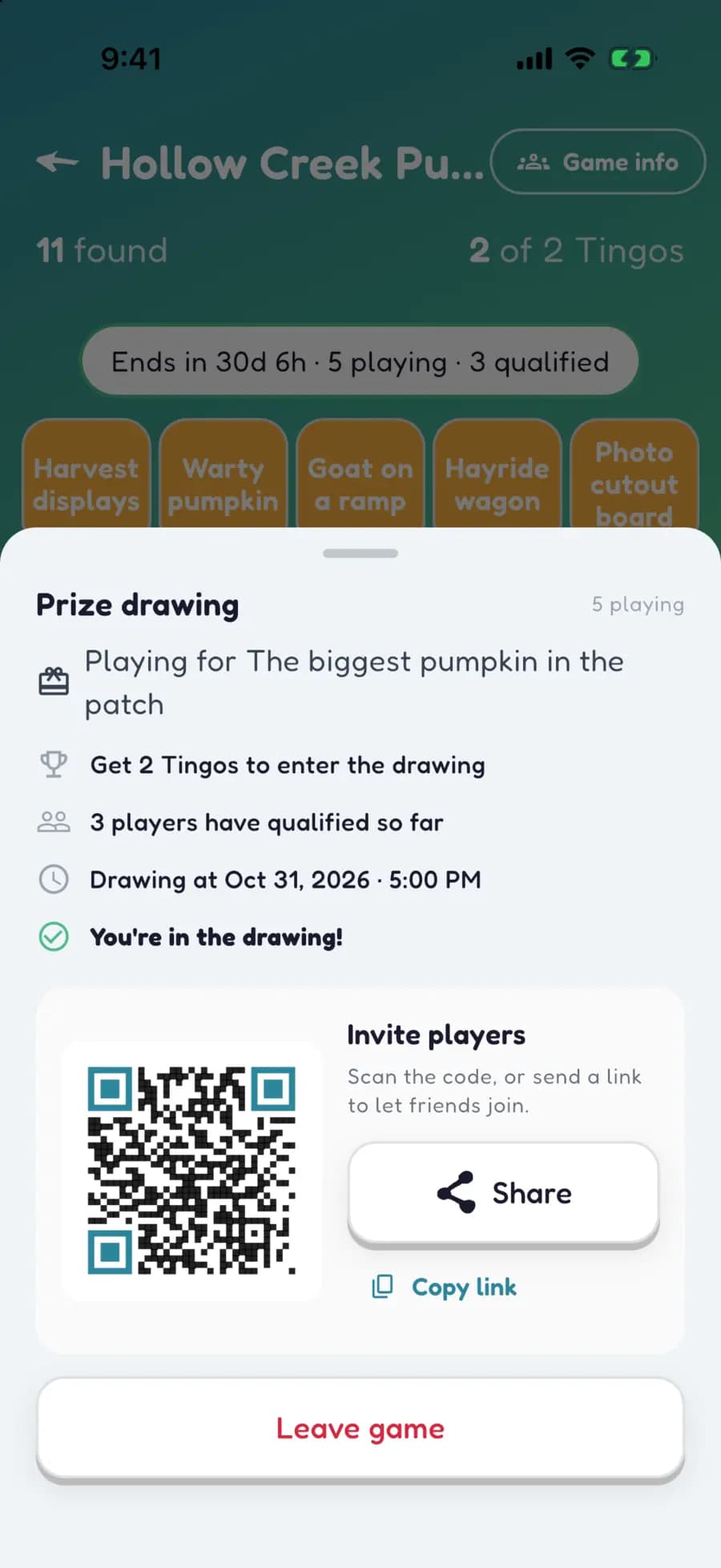 A sponsored Let's Tingo game showing how many visitors are playing and how many have qualified for the prize drawing.