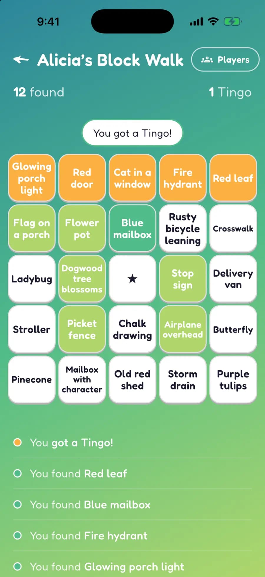 A Let's Tingo board on a phone with finds marked, one row highlighted as a completed Tingo.