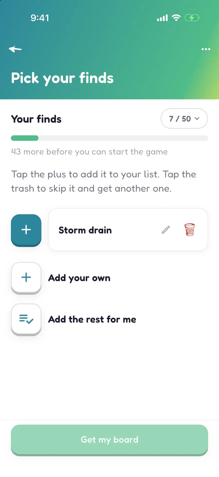 Let's Tingo suggesting finds for a game, with options to keep or remove each one.